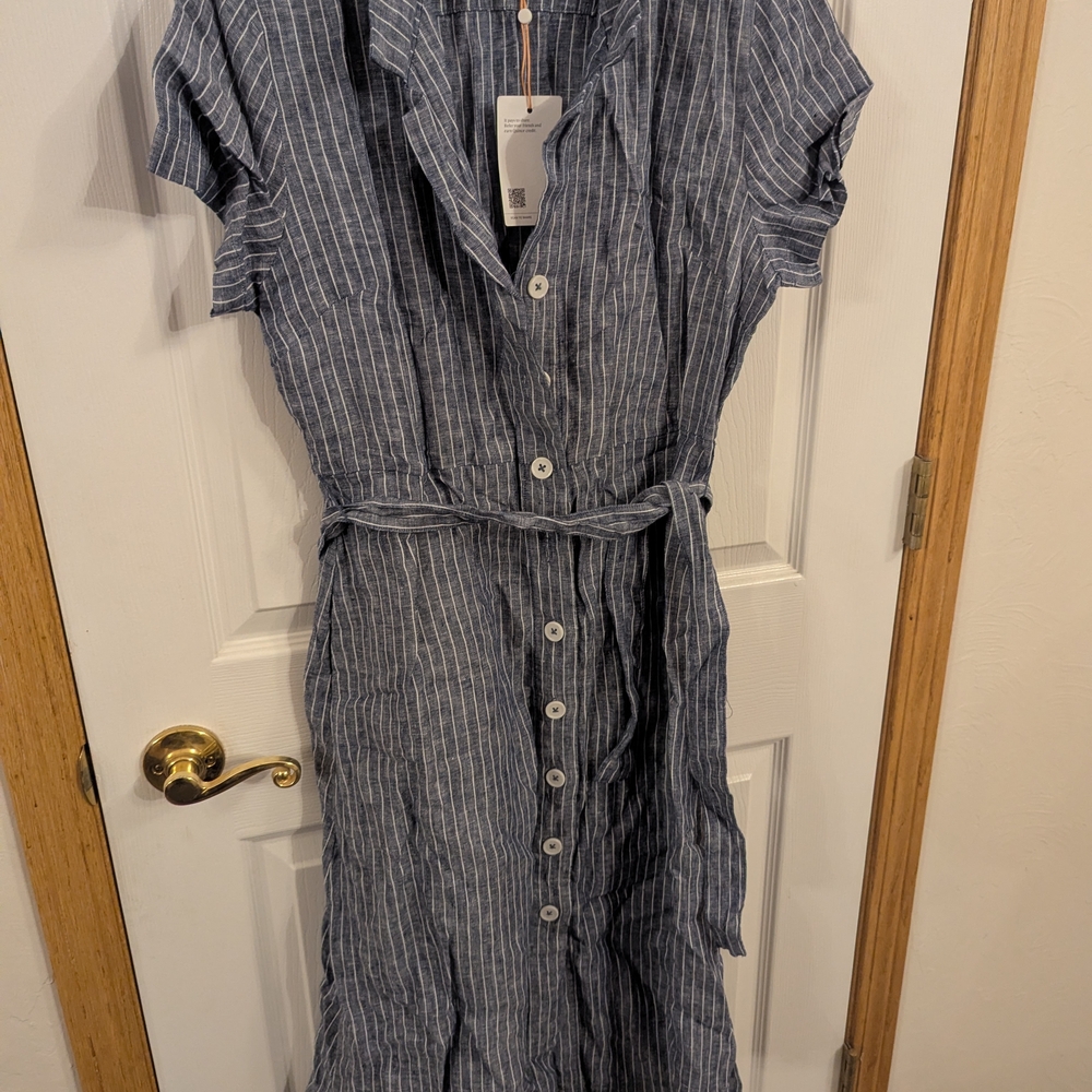 Quince Navy Striped Midi Dress